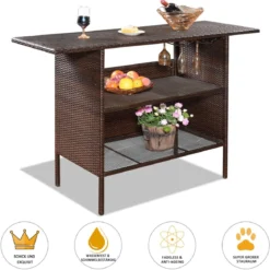 Outdoor Rattan-Theke mit 2 Ablageflächen Polyrattan Gartenbar 140 x 47 x 92 cm Braun