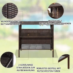 Outdoor Rattan-Theke mit 2 Ablageflächen Polyrattan Gartenbar 140 x 47 x 92 cm Braun