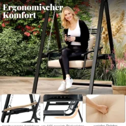 Outdoor-Schaukel mit Gestell Terrassenschaukel mit Kissen & Seitentischen für Garten ﻿Schwarz
