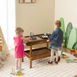 Outdoor-Spielküche mit 2 Rädern & 1 Schiebegriff & Drehbarem Wasserhahn & Abnehmbarem Waschbecken Tannenholz