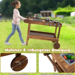 Outdoor-Spielküche mit 2 Rädern & 1 Schiebegriff & Drehbarem Wasserhahn & Abnehmbarem Waschbecken Tannenholz
