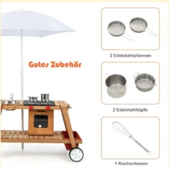 Outdoor-Spielzeugtrolley für Kinder Holzspielzeugwagen mit Sonnenschirm Natur