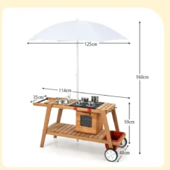 Outdoor-Spielzeugtrolley für Kinder Holzspielzeugwagen mit Sonnenschirm Natur