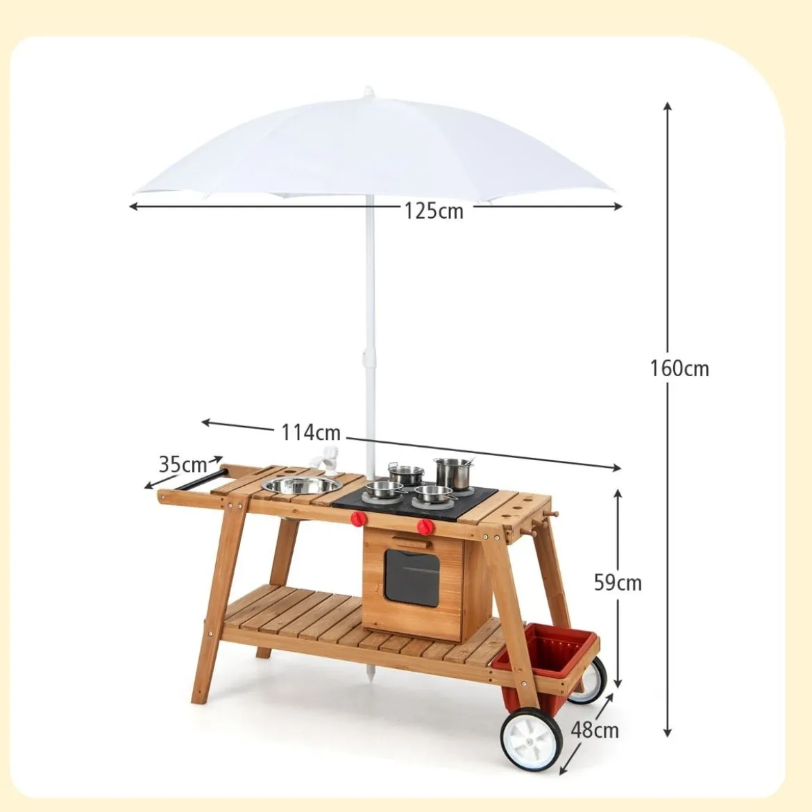 Outdoor-Spielzeugtrolley für Kinder Holzspielzeugwagen mit Sonnenschirm Natur