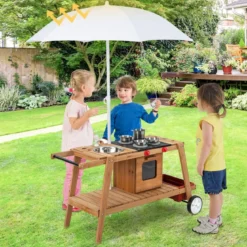 Outdoor-Spielzeugtrolley für Kinder Holzspielzeugwagen mit Sonnenschirm Natur