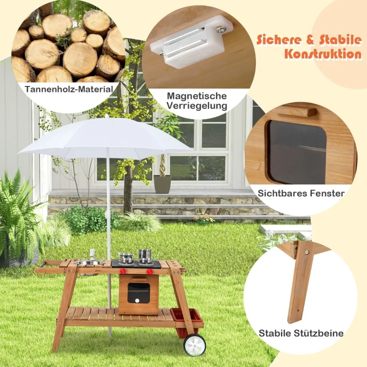 Outdoor-Spielzeugtrolley für Kinder Holzspielzeugwagen mit Sonnenschirm Natur