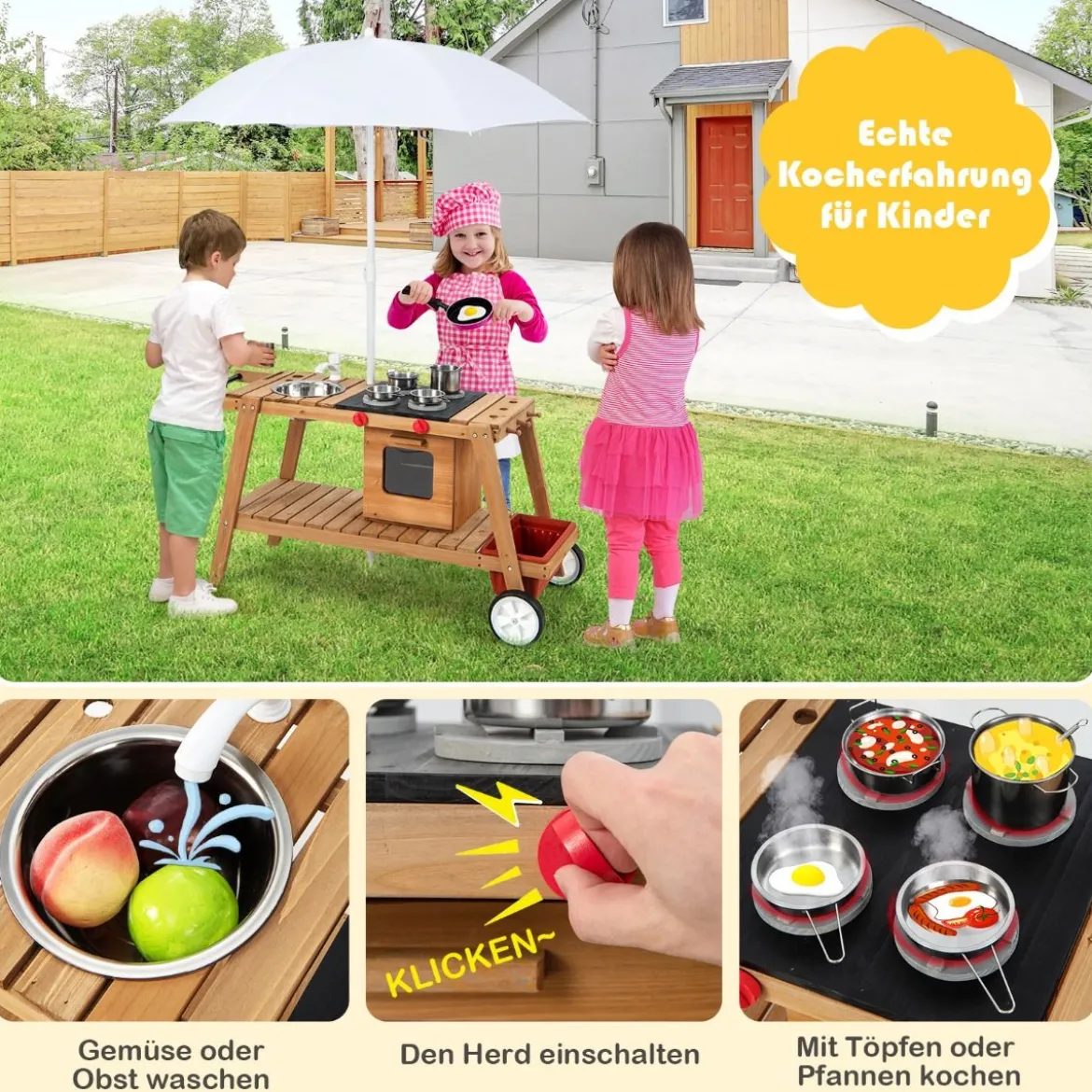 Outdoor-Spielzeugtrolley für Kinder Holzspielzeugwagen mit Sonnenschirm Natur