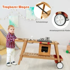 Outdoor-Spielzeugtrolley für Kinder Holzspielzeugwagen mit Sonnenschirm Natur
