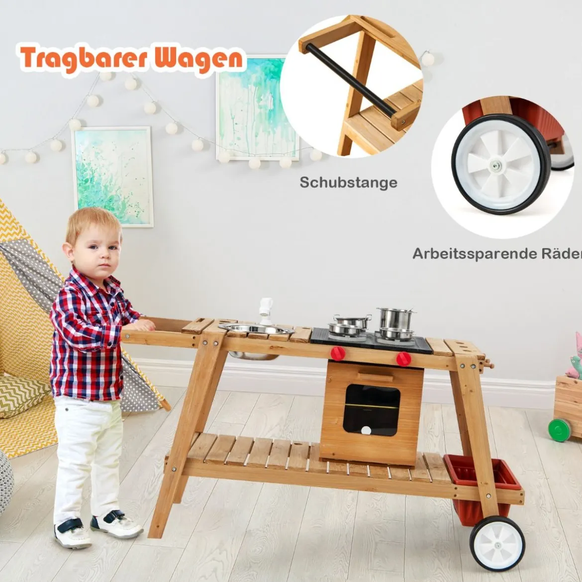Outdoor-Spielzeugtrolley für Kinder Holzspielzeugwagen mit Sonnenschirm Natur