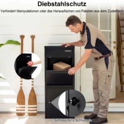Paketbriefkasten mit Paketfach & Brief- & Paketabgabeschlitz Metall Paketbox Postbox Schwarz