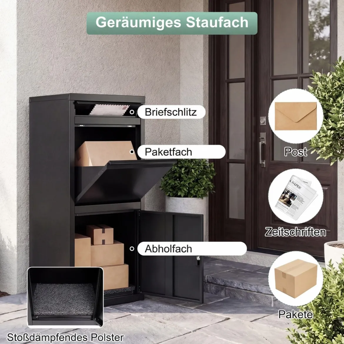 Paketbriefkasten mit Paketfach & Brief- & Paketabgabeschlitz Metall Paketbox Postbox Schwarz