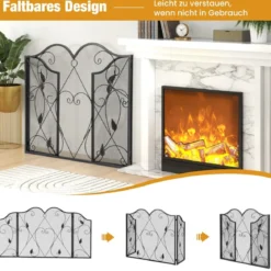 3-Panel-Kaminschirm faltbarer Funkenschutz aus Schmiedeeisengeflecht dekorative Kaminabdeckung Schwarz