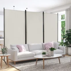 3-Panel Raumteiler mit Verstellbaren Untersetzern & Robusten Scharnieren & Stahlbasis Beige