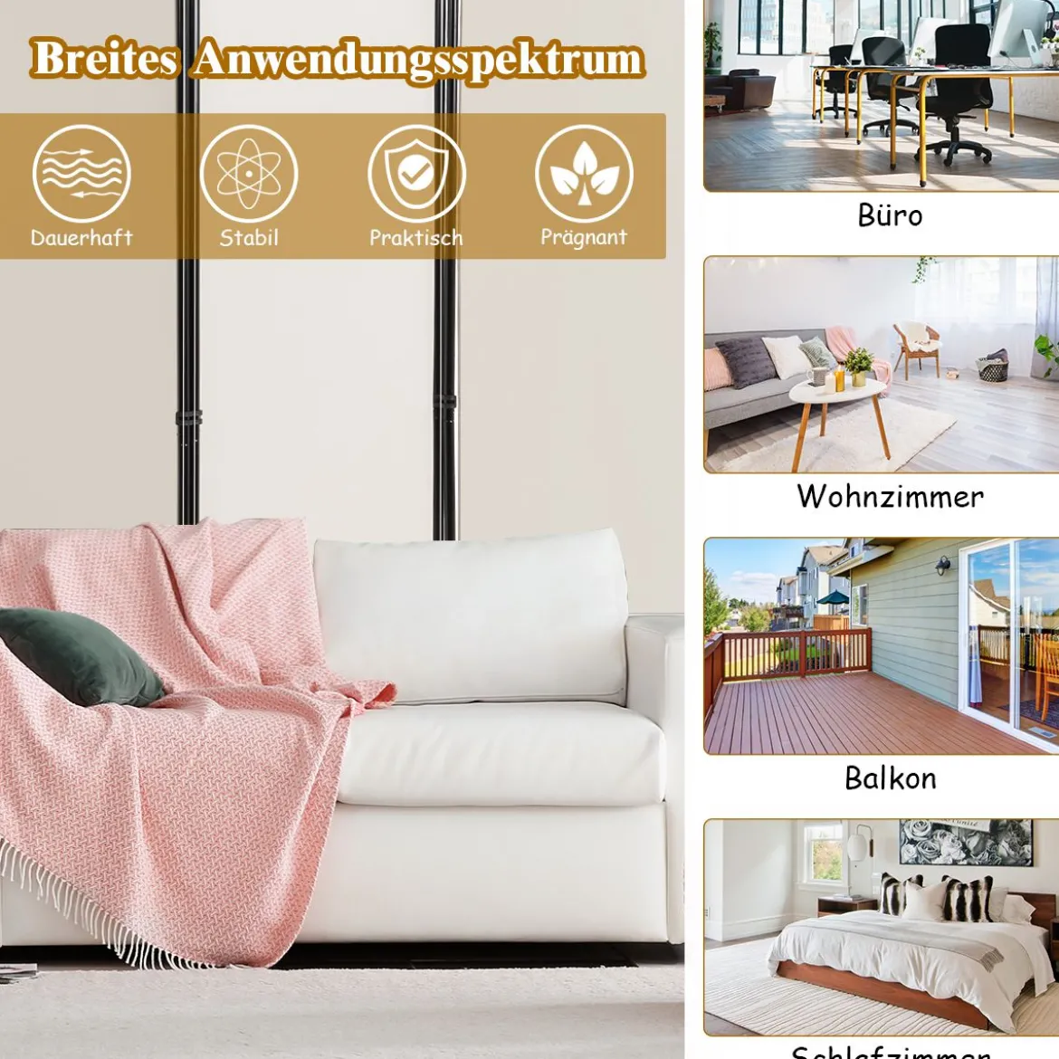 4-Panel Raumteiler Raumteiler mit verstellbaren Untersetzern 220 x 170 cm Beige