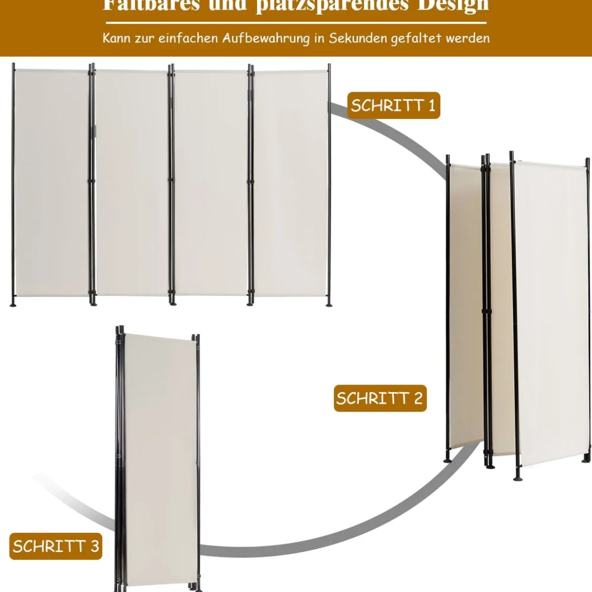 4-Panel Raumteiler Raumteiler mit verstellbaren Untersetzern 220 x 170 cm Beige