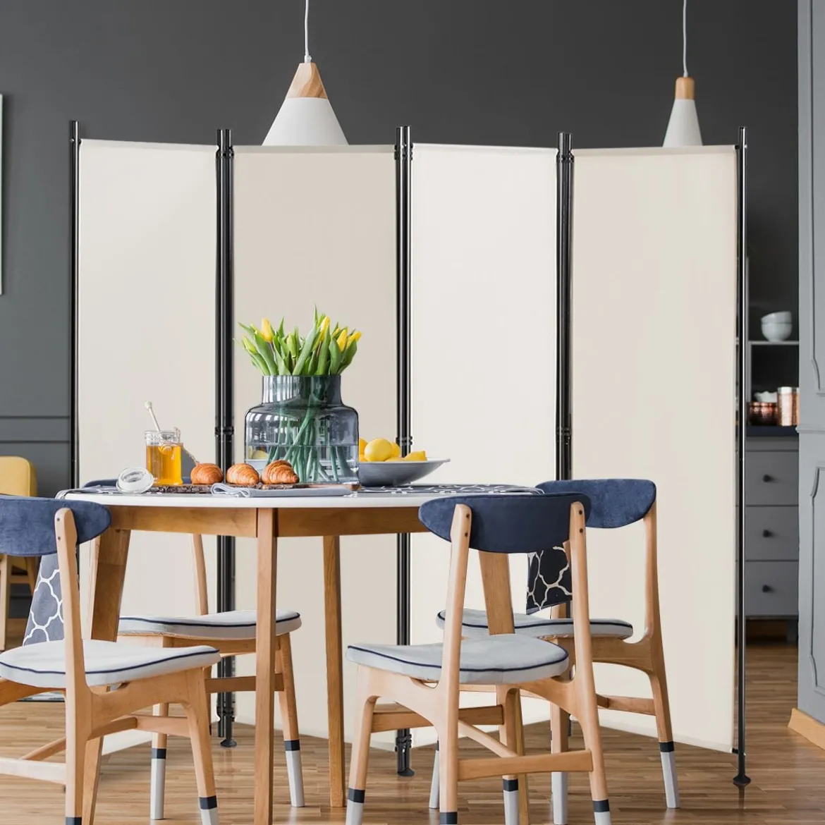 4-Panel Raumteiler Raumteiler mit verstellbaren Untersetzern 220 x 170 cm Beige