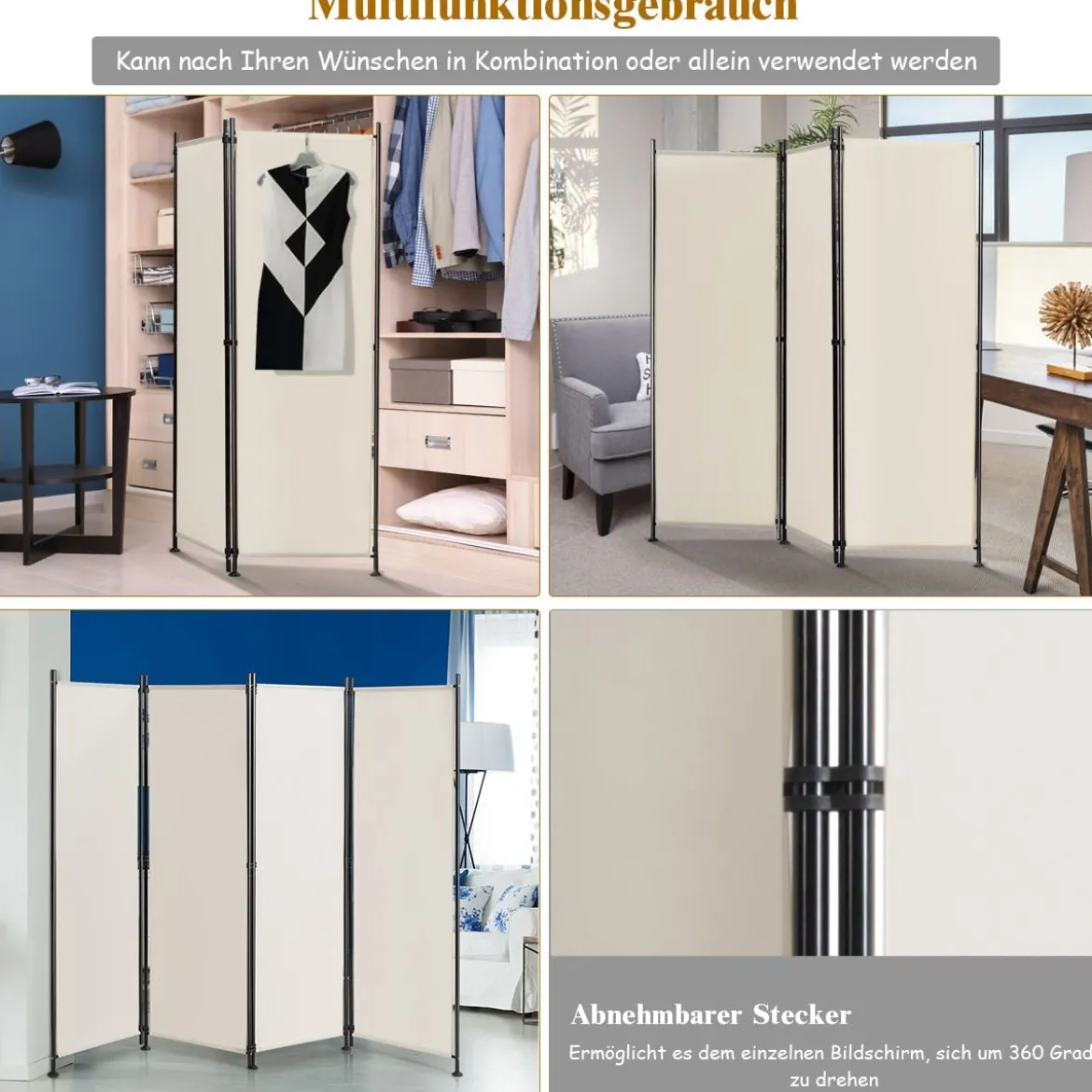 4-Panel Raumteiler Raumteiler mit verstellbaren Untersetzern 220 x 170 cm Beige