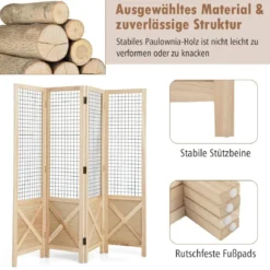 Paravent 151 x 144 cm Raumteiler klappbar 4 teilige Trennwand Holzrahmen Natur
