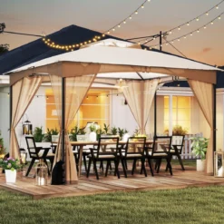 Pavillon 3 x 3,6 m Faltpavillon mit 4 Sandsäcken & 4 Moskitonetz & Doppeldach Wasserdicht & Stabil & Winterfest Khaki