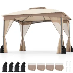Pavillon 3 x 3,6 m Faltpavillon mit 4 Sandsäcken & 4 Moskitonetz & Doppeldach Wasserdicht & Stabil & Winterfest Khaki