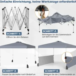 Pavillon 3 x 3m Faltpavillon mit 2 Seitenwänden & Tasche inkl. 4 Windseile & 4 Sandsäcke Grau