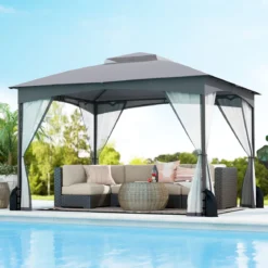 Pavillon 3 x 3,6 m Faltpavillon mit 4 Sandsäcken & 4 Moskitonetz & Doppeldach Wasserdicht & Stabil & Winterfest Grau