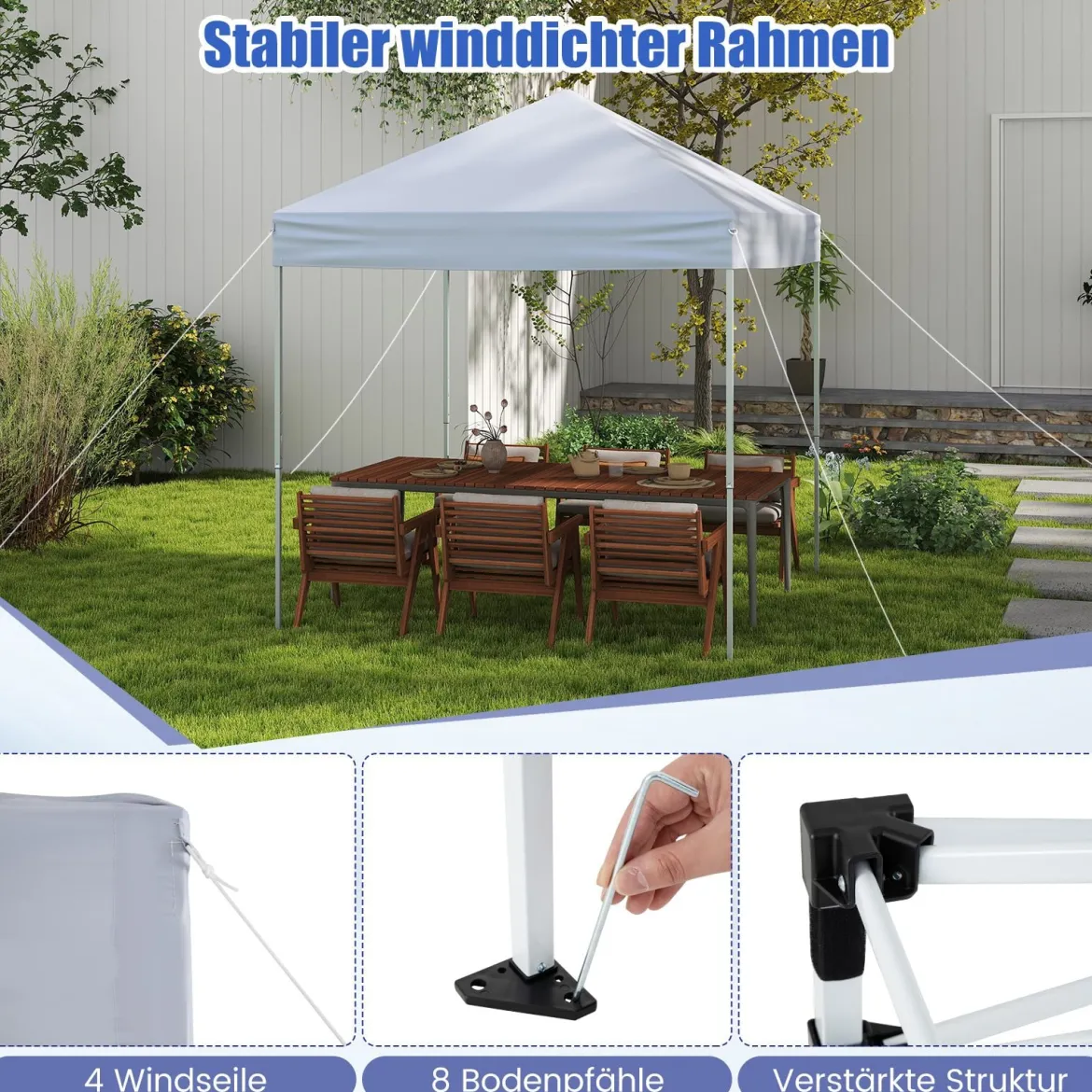 Pavillon 2 x 2m Pop-up Faltpavillon wasserdicht stabil winterfest UV-Schutz 50+ Gartenpavillon Weiß