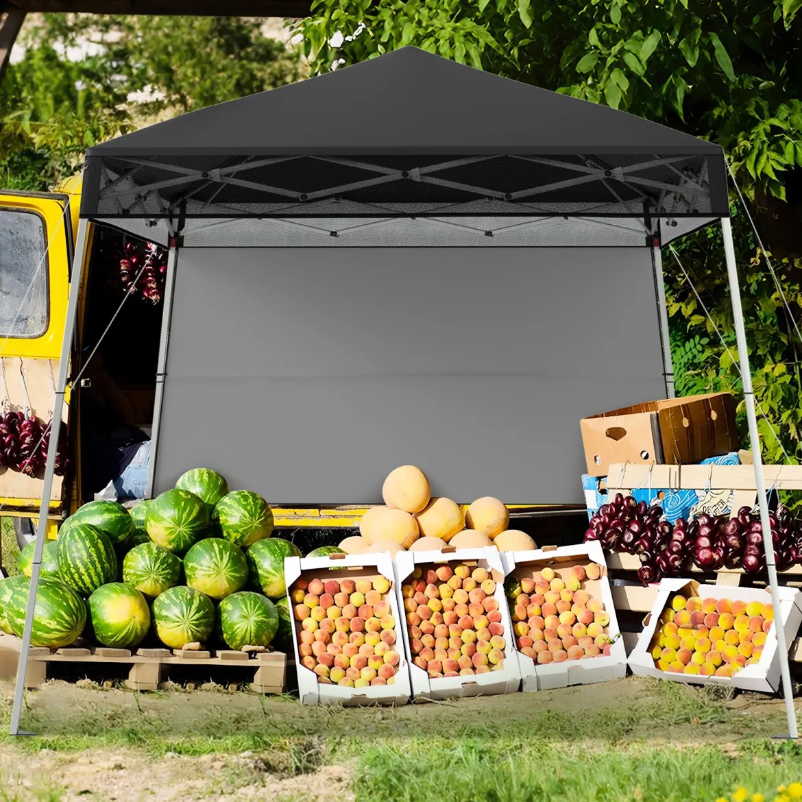 Pavillon 2x2 m Pop up Faltpavillon Höhenverstellbar mit Seitenwand & Bodenhaken Wasserdicht & Sonnenschutz Partyzelt Schwarz
