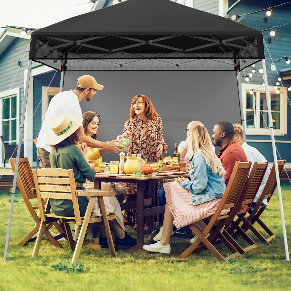 Pavillon 2x2 m Pop up Faltpavillon Höhenverstellbar mit Seitenwand & Bodenhaken Wasserdicht & Sonnenschutz Partyzelt Schwarz