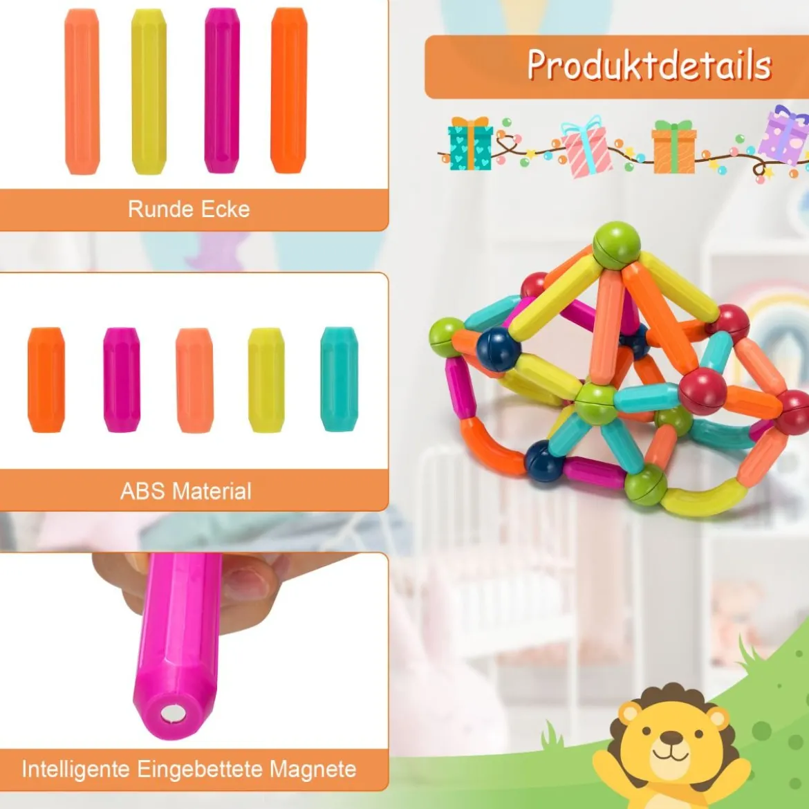 88 pädagogischer magnetischer Baukasten aus hochwertigem ABS geeignet für Kinder Bunt