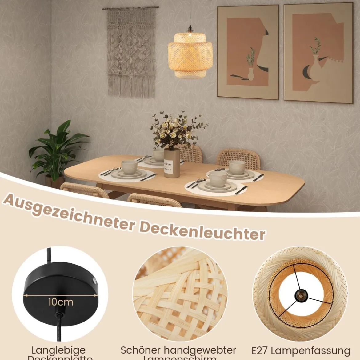 Pendelleuchte aus Bambus Natürliche Handgewebte Hängeleuchte 40 x 40 x 43 cm