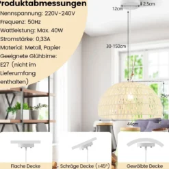Pendelleuchte aus Papier Deckenleuchte Hängelampe Ø44 x 25 cm Beige