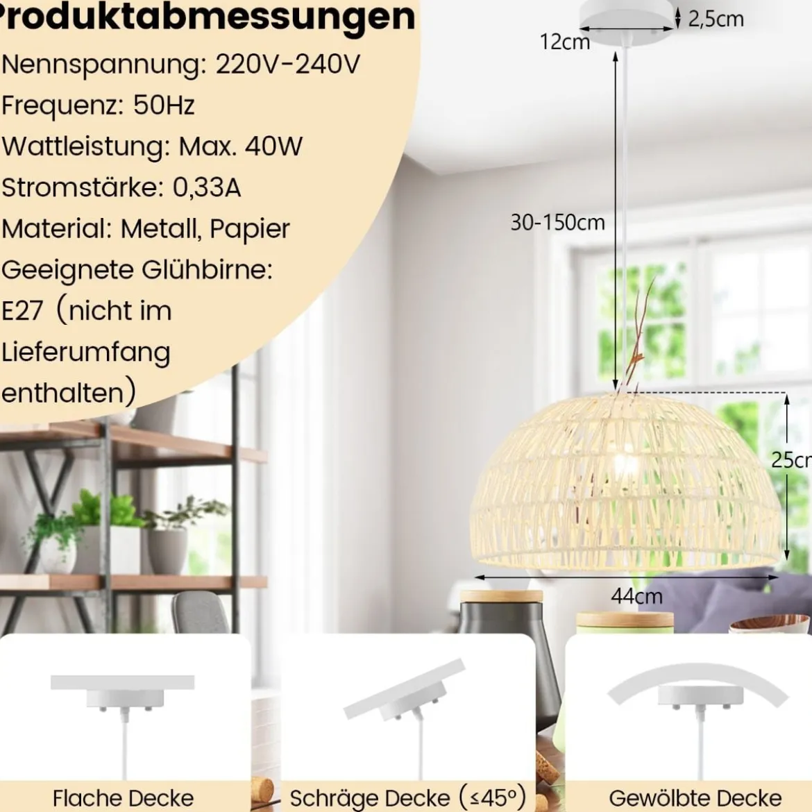 Pendelleuchte aus Papier Deckenleuchte Hängelampe Ø44 x 25 cm Beige