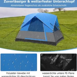 3 Personen Campingzelt mit Abnehmbarer Bodenmatte & Regenschutz & Tragetasche