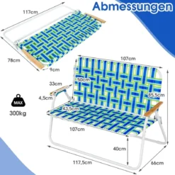 2-Personen-Faltstuhl Tragbarer Doppelsitz-Campingstuhl mit Armlehne 117,5 x 66 x 85,5 cm Blau