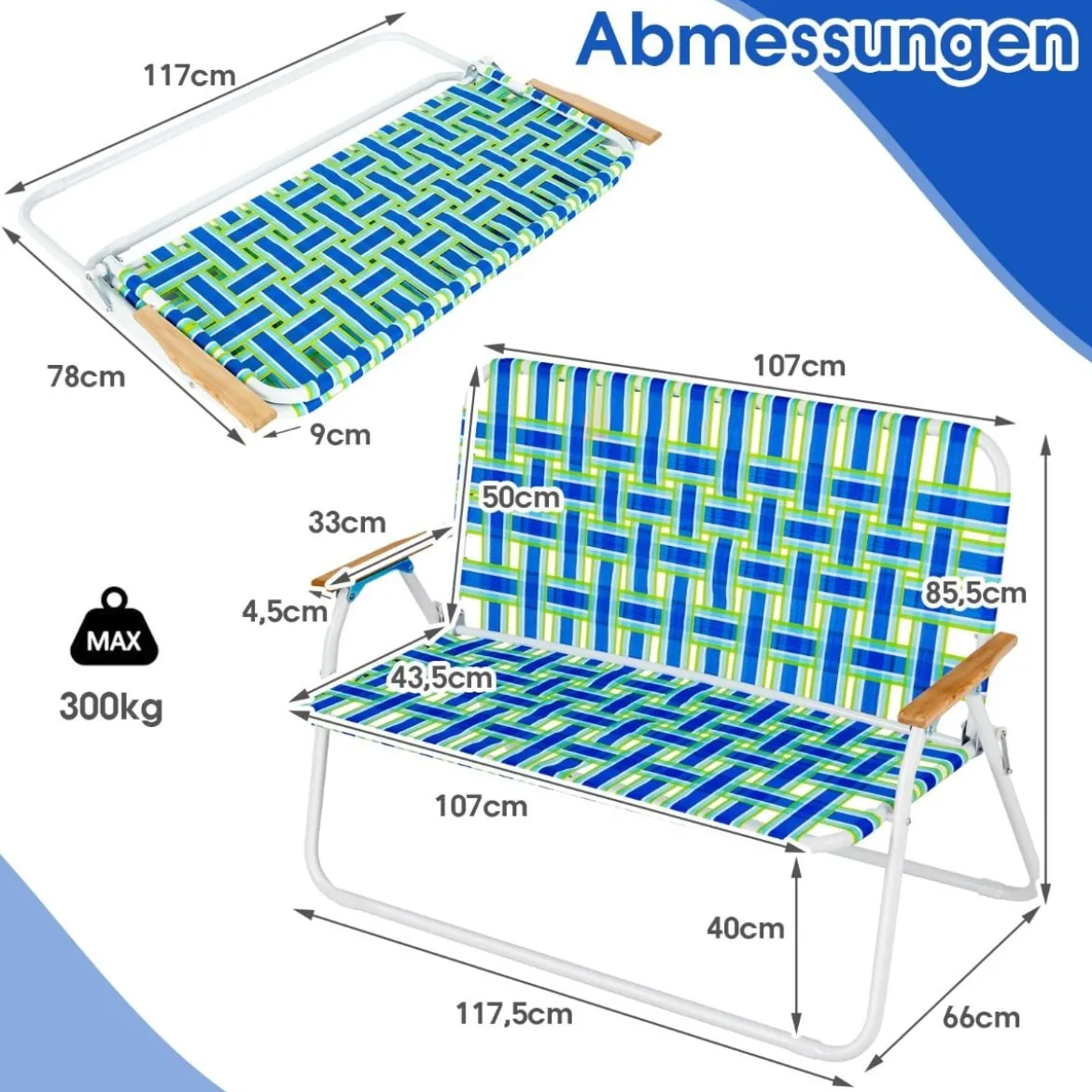 2-Personen-Faltstuhl Tragbarer Doppelsitz-Campingstuhl mit Armlehne 117,5 x 66 x 85,5 cm Blau