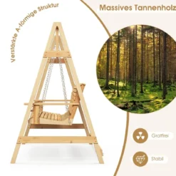 2 Personen Outdoor Schaukelstuhl mit verstellbaren Metallketten eingebauten Becherhaltern und Armlehnen Natur