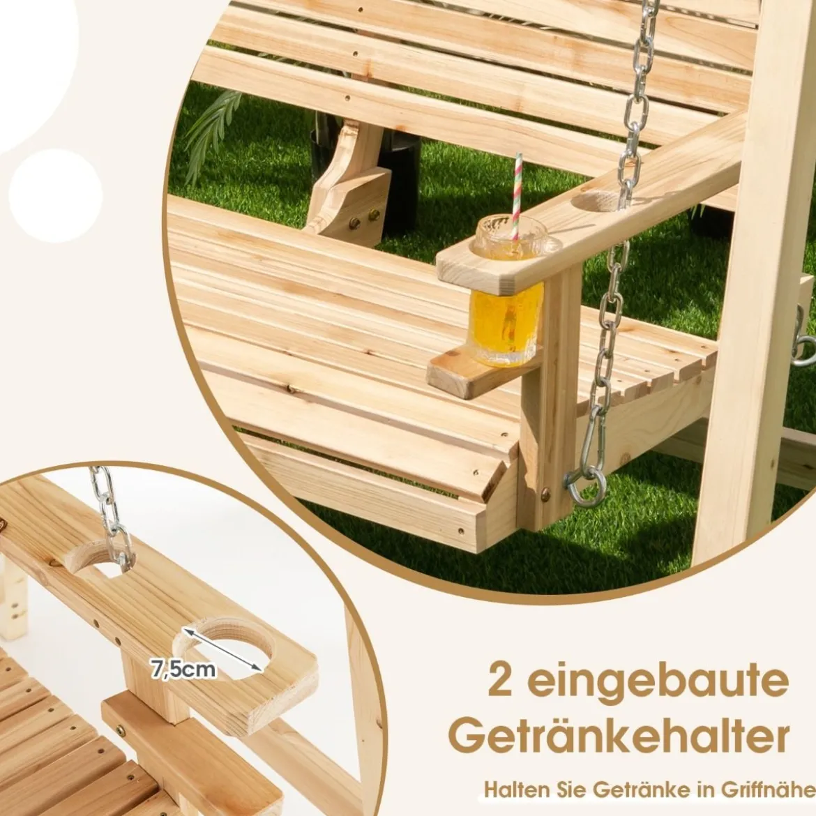 2 Personen Outdoor Schaukelstuhl mit verstellbaren Metallketten eingebauten Becherhaltern und Armlehnen Natur