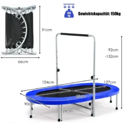 2 Personen Trampolin mit höhenverstellbarm Haltegriff Mini Trampolin 154 x 90 x 92 -132 cm Blau