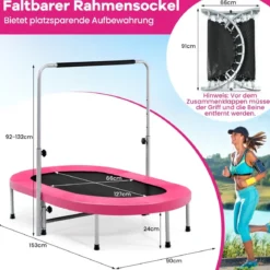 2 Personen Trampolin mit Höhenverstellbarm Haltegriff Mini Trampolin 154 x 90 x 92 -132 cm Rosa