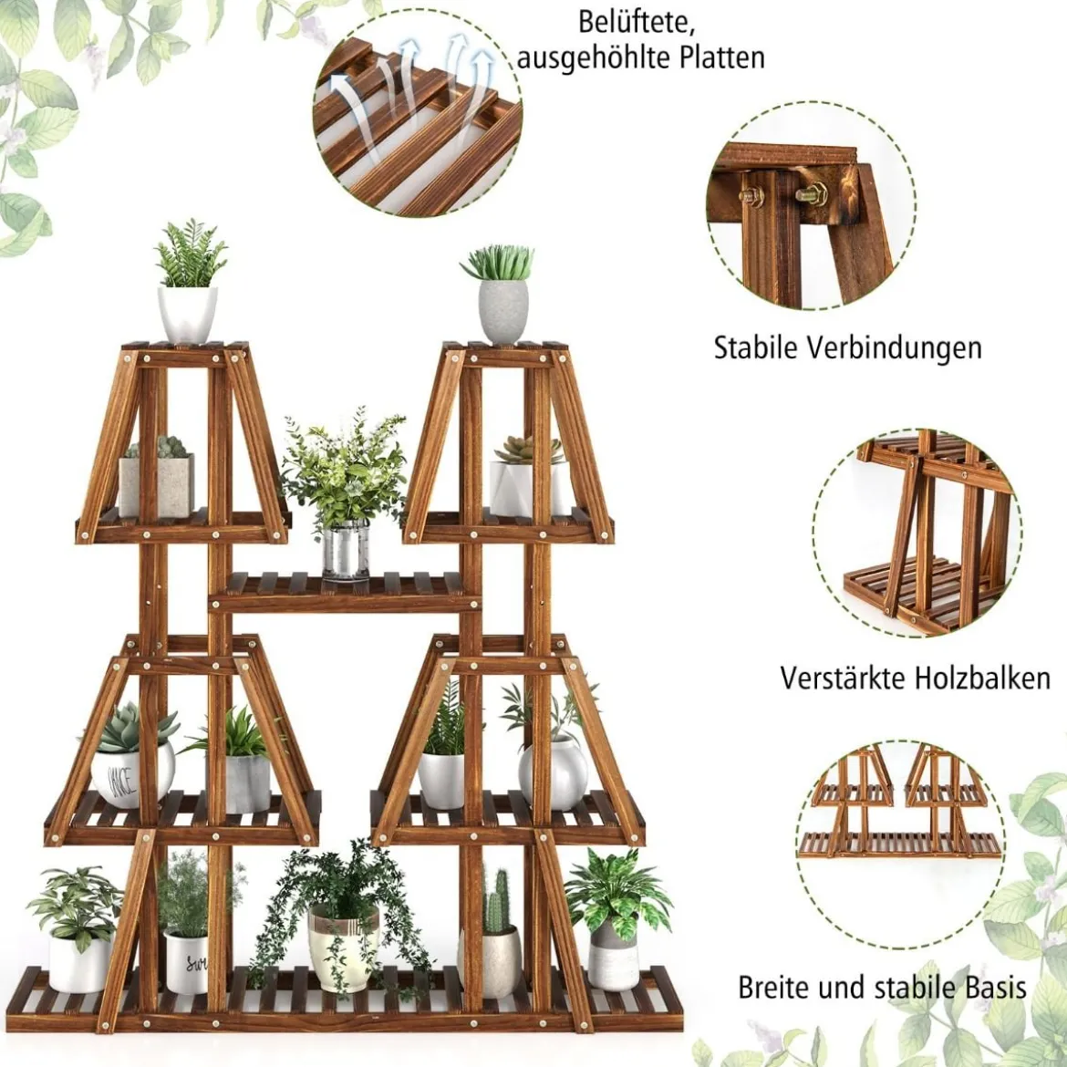 Pflanzenregal Holz Pflanzentreppe Trapez Blumenregal Blumenbank Pflanzenständer 113 x 27 x 114 cm Braun