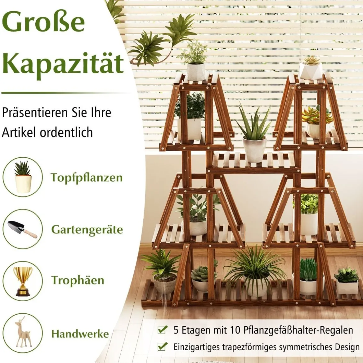 Pflanzenregal Holz Pflanzentreppe Trapez Blumenregal Blumenbank Pflanzenständer 113 x 27 x 114 cm Braun