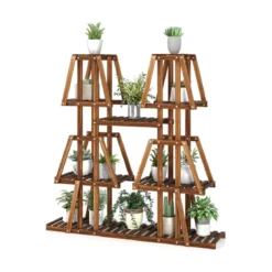 Pflanzenregal Holz Pflanzentreppe Trapez Blumenregal Blumenbank Pflanzenständer 113 x 27 x 114 cm Braun