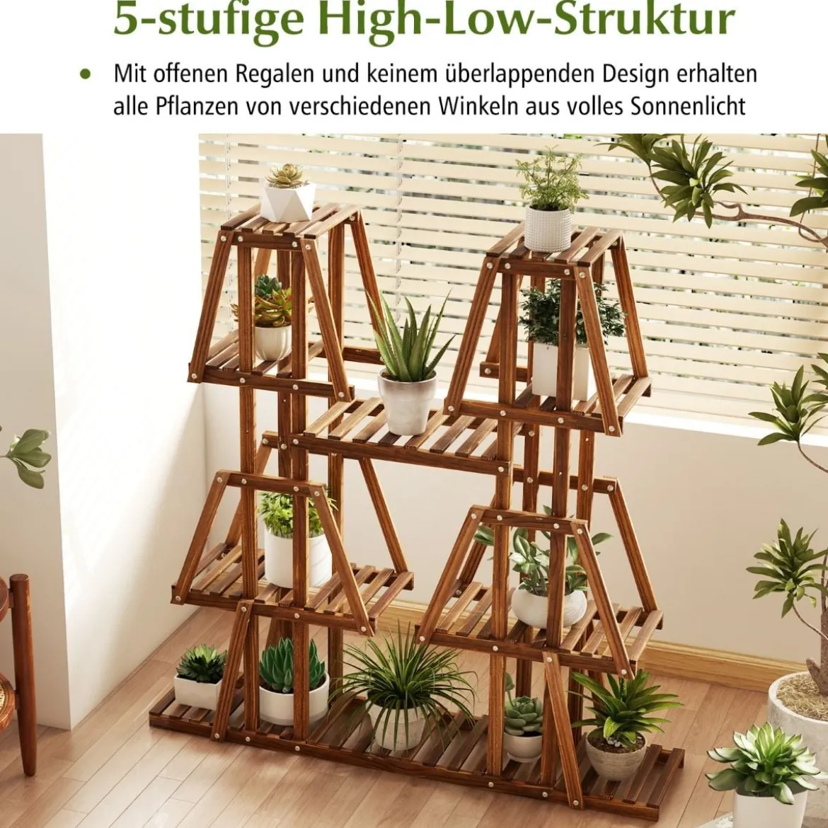 Pflanzenregal Holz Pflanzentreppe Trapez Blumenregal Blumenbank Pflanzenständer 113 x 27 x 114 cm Braun