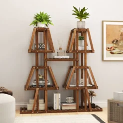 Pflanzenregal Holz Pflanzentreppe Trapez Blumenregal Blumenbank Pflanzenständer 113 x 27 x 114 cm Braun