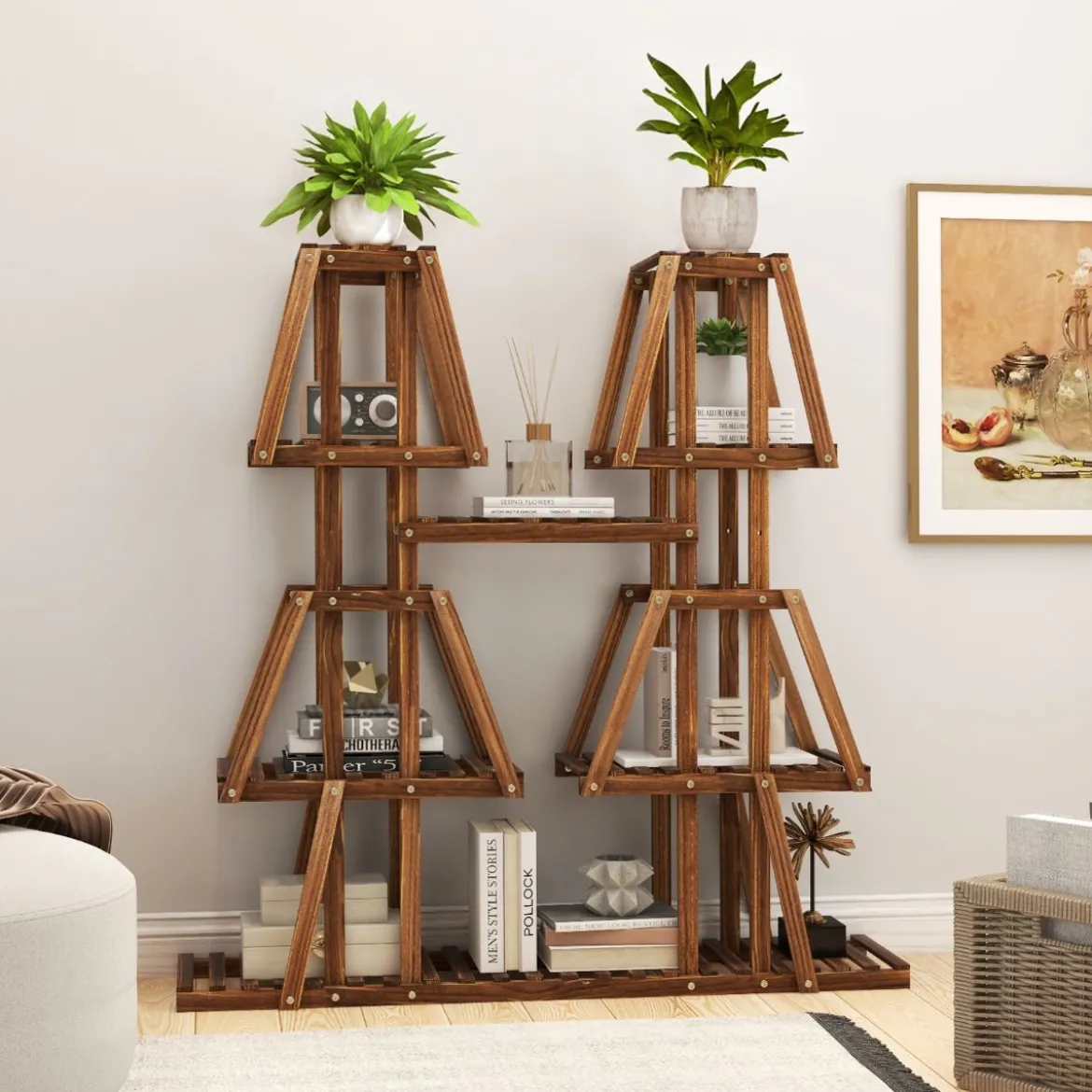 Pflanzenregal Holz Pflanzentreppe Trapez Blumenregal Blumenbank Pflanzenständer 113 x 27 x 114 cm Braun