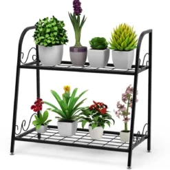Pflanzenregal 2-Stufiger Metall-Pflanzenständer 63 X 30,5 X 61,5 cm Schwarz