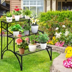 Pflanzenständer Blumentopfhalter mit 3 Regalen 61 X 61,5 X 68,5 cm Schwarz