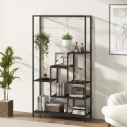 Pflanzenständer 6 Etagen 180 cm Pflanzenregal Metall mit 10 S-Haken Schwarz/Rustikales Braun