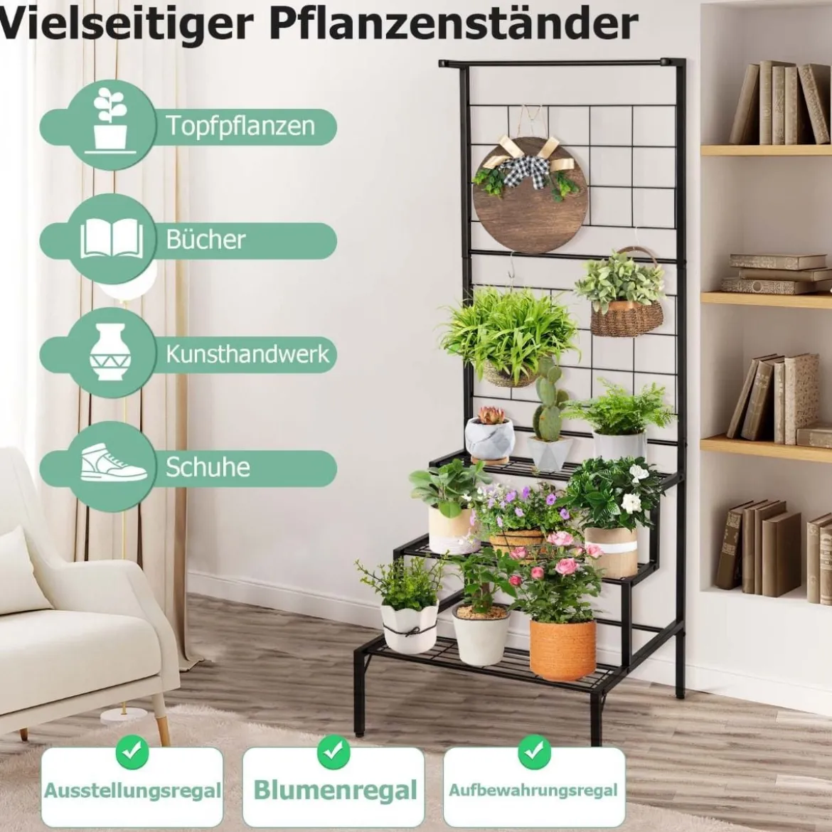 Pflanzenständer 3-Stöckiger Hängender Pflanzenständer Blumenregal 60 x 57 x 157 cm Schwarz